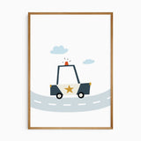 Police car wall art with a gold star, black wheels and blue clouds above a curved pale blue road on a white background