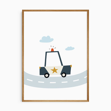Police car wall art with a gold star, black wheels and blue clouds above a curved pale blue road on a white background
