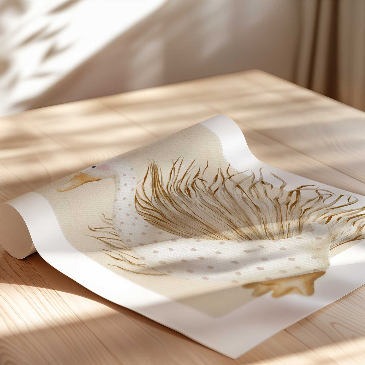 Charming polka dot duck illustration with soft beige tones, perfect minimalist nursery wall art print for kids’ bedroom décor.