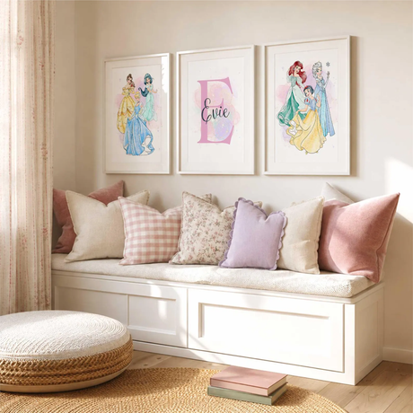 Princess print set for a girls bedroom featuring two illustrated princess groups and a personalised name print.