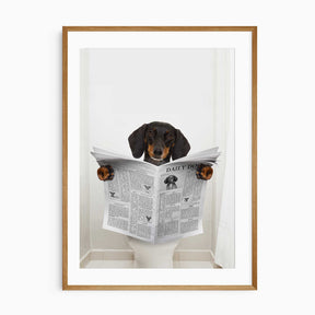 A dog sitting on a toilet, reading a newspaper in a humorous bathroom setting.