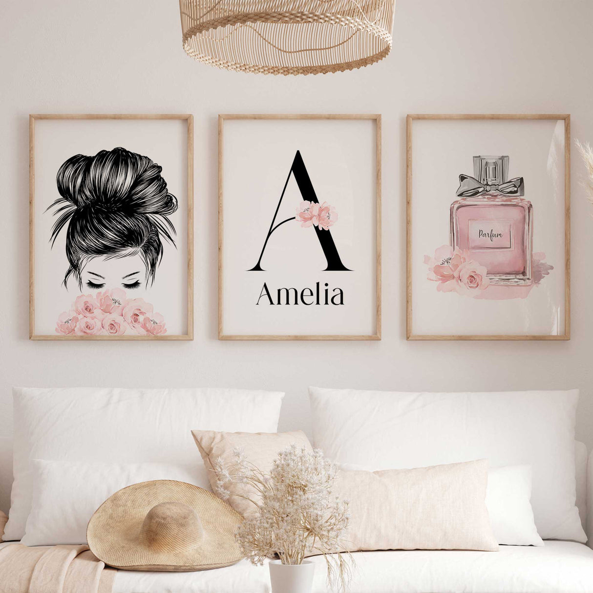 set of 3 aesthetic wall art for girls pink perfume ottle