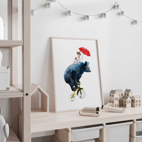 quirky animal wall art with bear cycling and dog holding umbrella