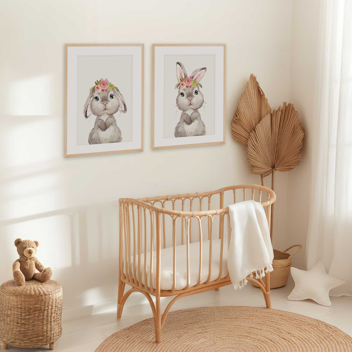 rabbit nursery wall art set with one upright ear bunny and one floppy ear bunny