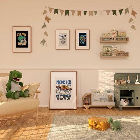 Racing inspired bedroom wall decor with off road truck illustration