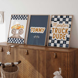 Set of three monster truck prints with checkered flag backgrounds, flames and a personalised name print