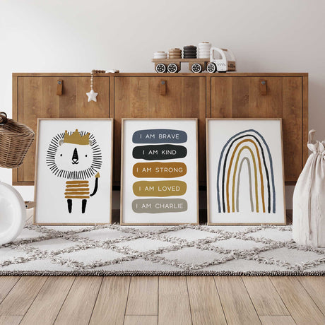 Set of three unframed prints for nursery decor, featuring a rainbow, affirmations, and a cartoon lion. Perfect for baby showers and nursery decor.
