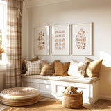 Neutral nursery wall art set with rainbow alphabet, number and pattern prints in warm beige and terracotta tones