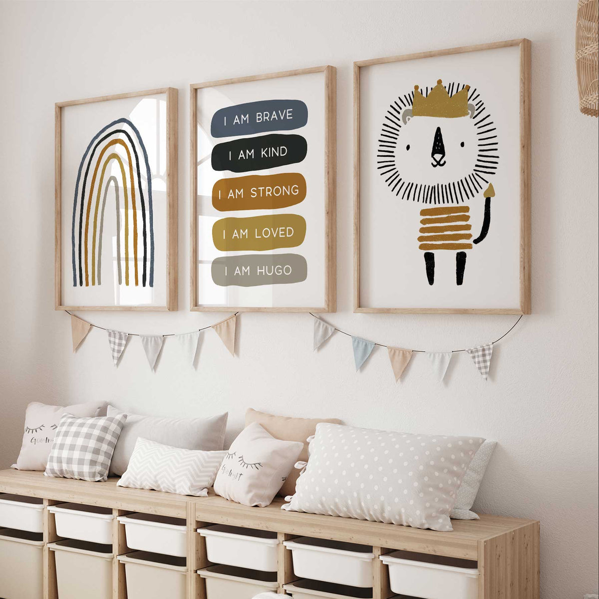 prints with a mustard-crowned lion, outlined rainbow and personalised brave, kind, strong and loved messages.