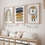 prints with a mustard-crowned lion, outlined rainbow and personalised brave, kind, strong and loved messages.