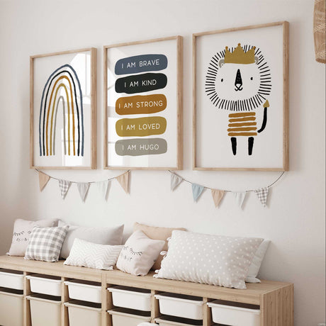 prints with a mustard-crowned lion, outlined rainbow and personalised brave, kind, strong and loved messages.