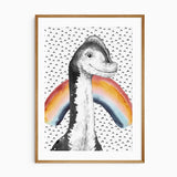Black and grey long-neck dinosaur portrait with a colourful rainbow behind it and a repeating black pattern.