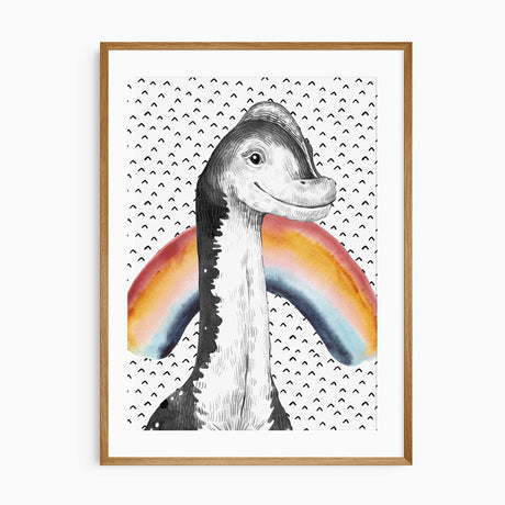 Black and grey long-neck dinosaur portrait with a colourful rainbow behind it and a repeating black pattern.