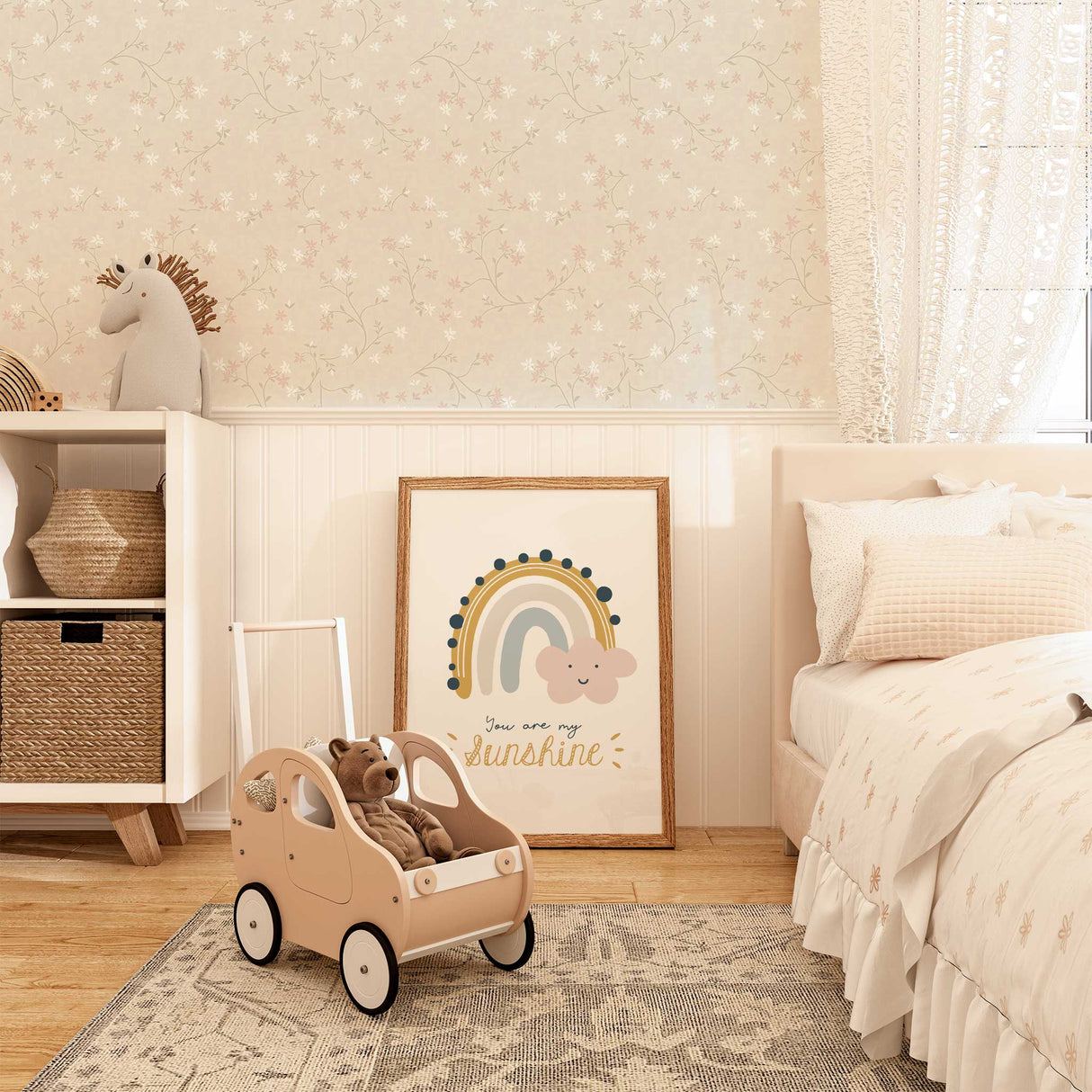 Neutral pastel rainbow nursery decor wall art with you are my sunshine message