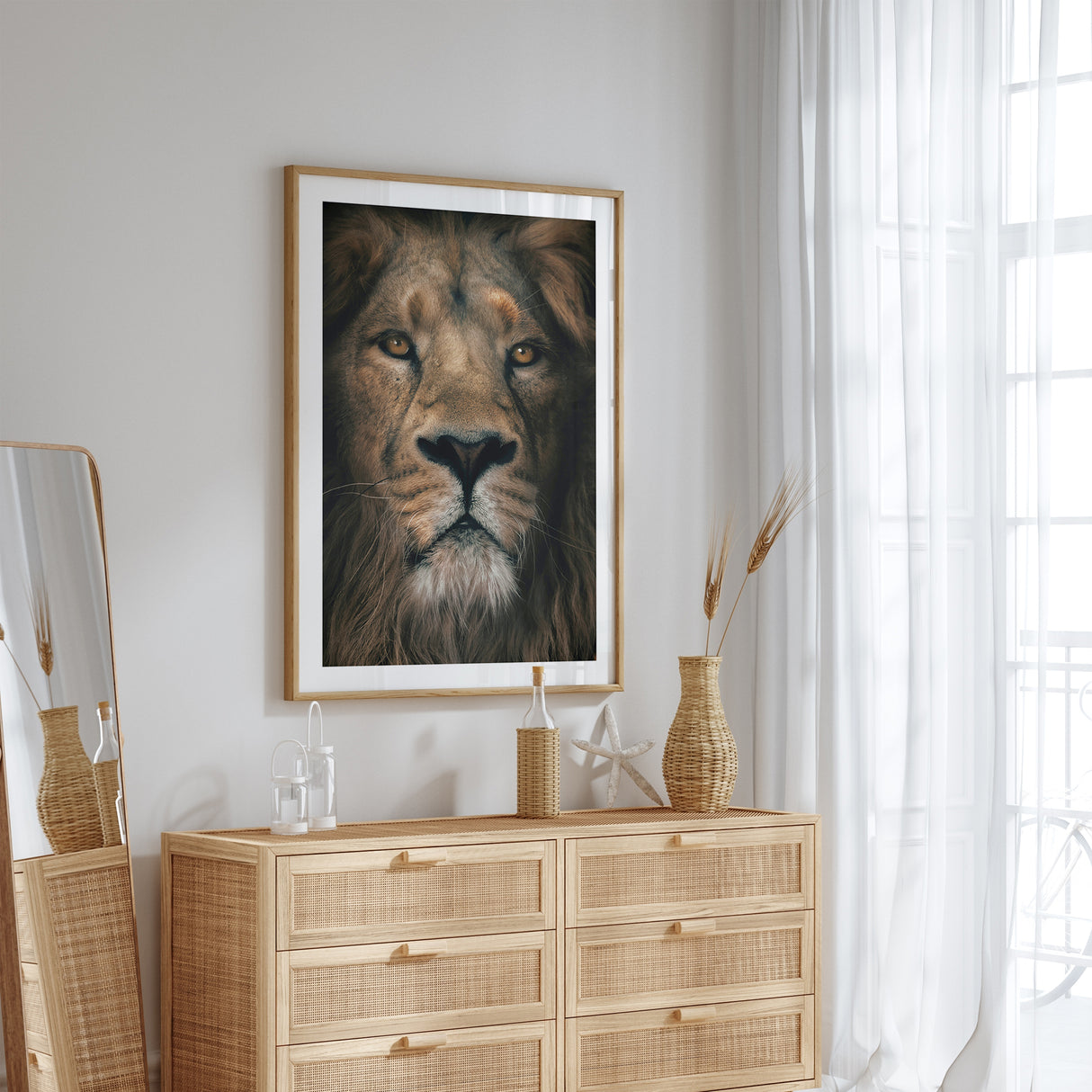 Lion's lower face close up highlighting fur and whiskers, in a minimalist wooden frame.