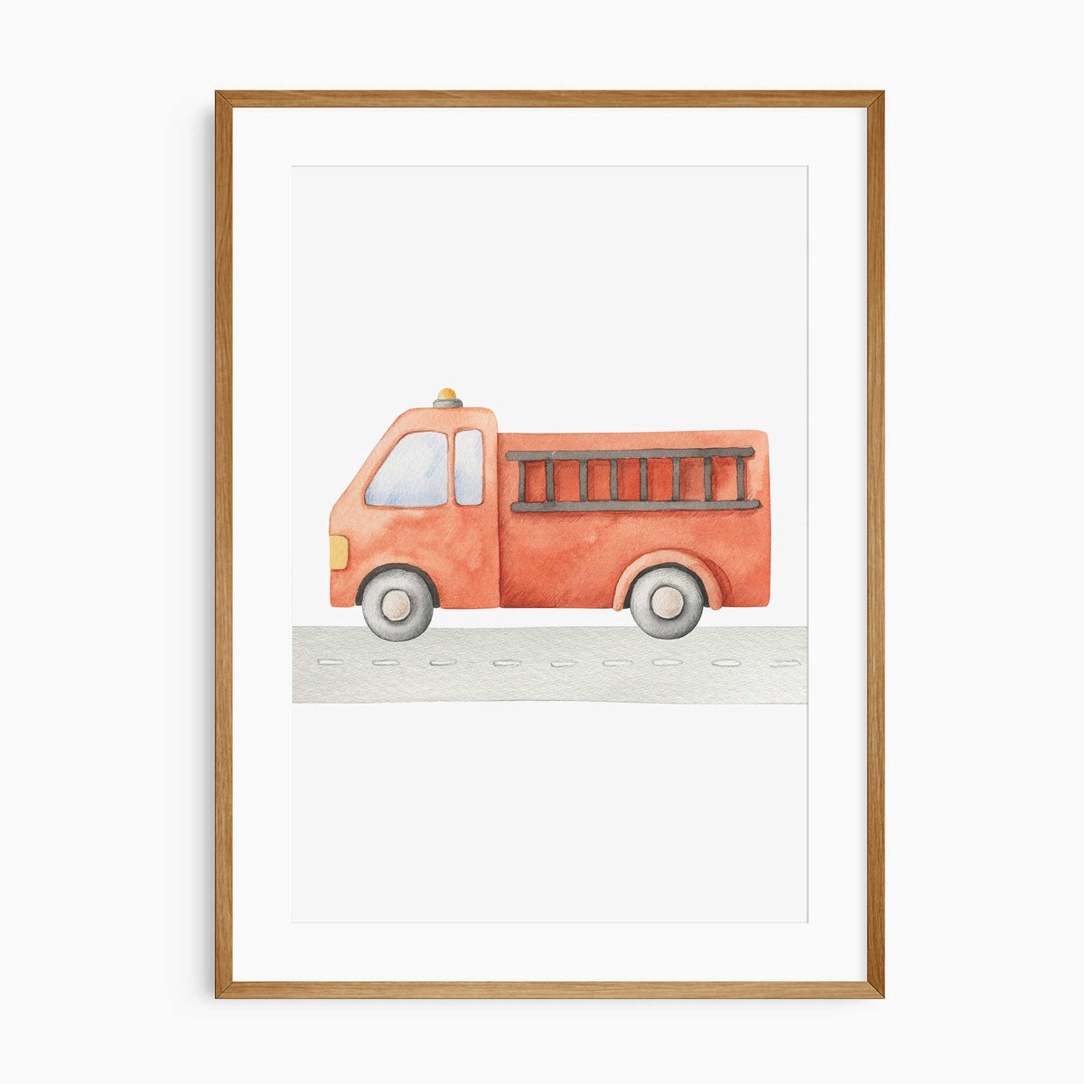 Watercolour fire truck print showing a red ladder truck above a pale grey road with white dashed lane markings.