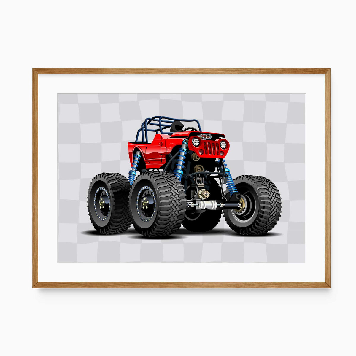 Red open-top monster truck with blue suspension, oversized black tyres and a grey check background in a landscape print.