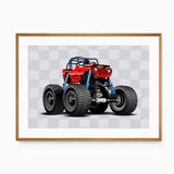 Red open-top monster truck with blue suspension, oversized black tyres and a grey check background in a landscape print.