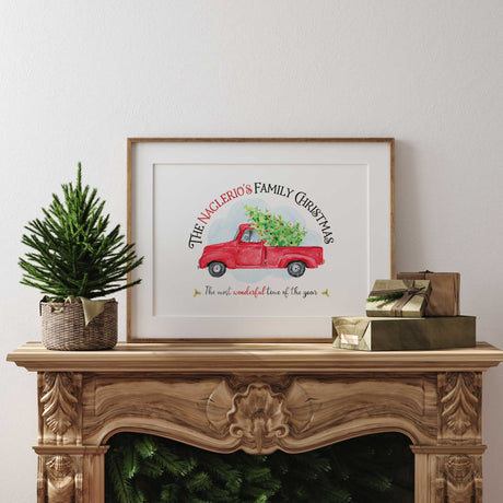 Red vintage pickup carrying a Christmas tree on a personalised family wall print with seasonal lettering