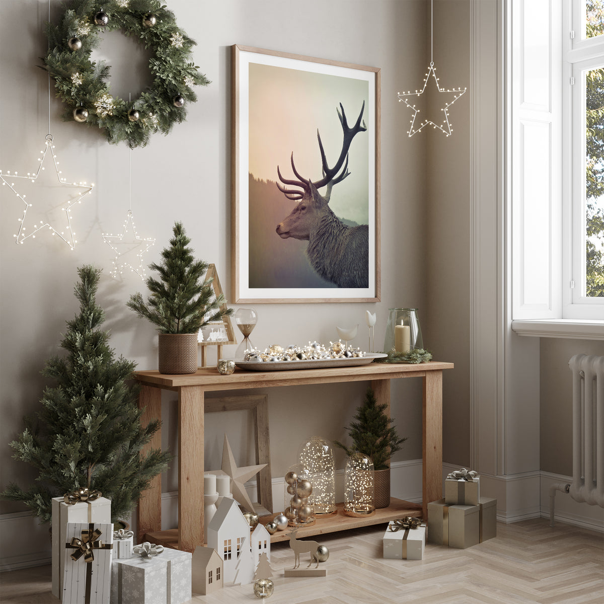 Deer portrait print with prominent antlers and muted natural tones against a softly misted woodland background