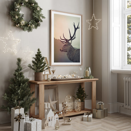 Deer portrait print with prominent antlers and muted natural tones against a softly misted woodland background