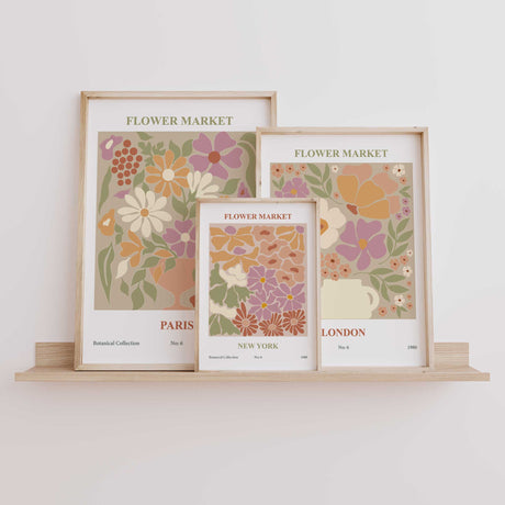 Vintage-inspired flower market wall art set of 3 prints for boho or neutral interiors