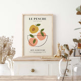 Retro Italian fruit poster featuring graphic peaches, green leaves and simple typography on a warm cream background