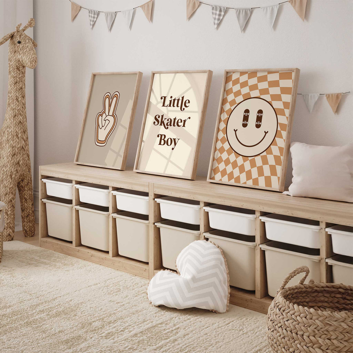 Retro skater themed kids room wall art set with neutral tones and skateboard details.