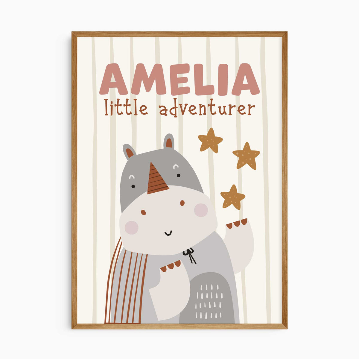 Personalised rhino safari print with dusty rose name lettering, star accents and a softly striped nursery background.
