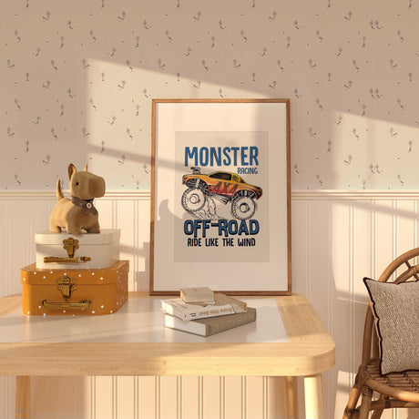 Monster Racing print featuring an orange and yellow truck, oversized wheels, blue Off-Road text and Ride Like the Wind.