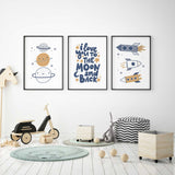 Rocket nursery wall art set with navy, grey and mustard space prints