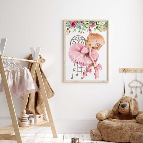 romantic watercolour ballet girl wall art with floral accents