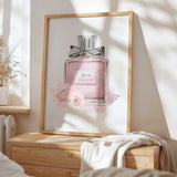 Rosé Essence floral perfume print featuring a blush pink fragrance bottle and delicate flowers in a soft pink palette.