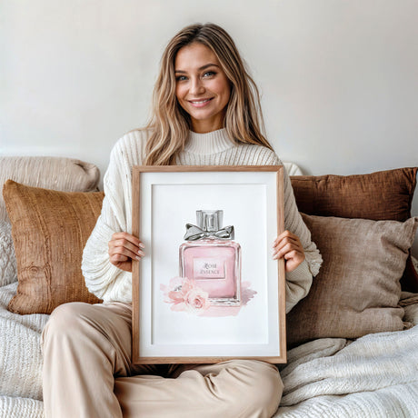 Pink perfume bottle illustration with Rosé Essence lettering, soft blush tones and delicate watercolour-style flowers.