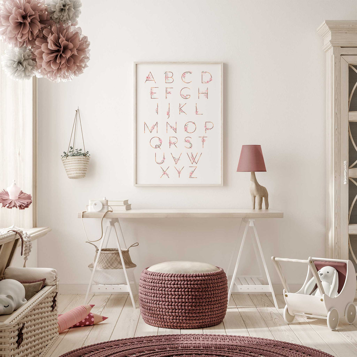 Rose gold alphabet nursery print with pink flowers
