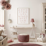 Rose gold alphabet nursery print with pink flowers