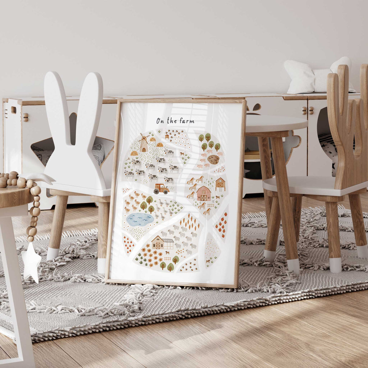 Rustic farmhouse-style kids wall art print with illustrated cows, pigs, horses, chickens, and ducks