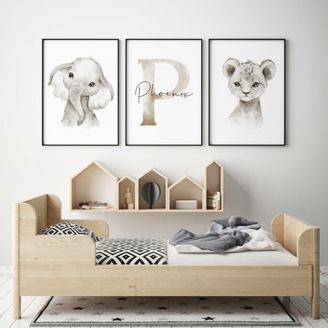 Boys safari nursery print set with lion cub, elephant and custom name design