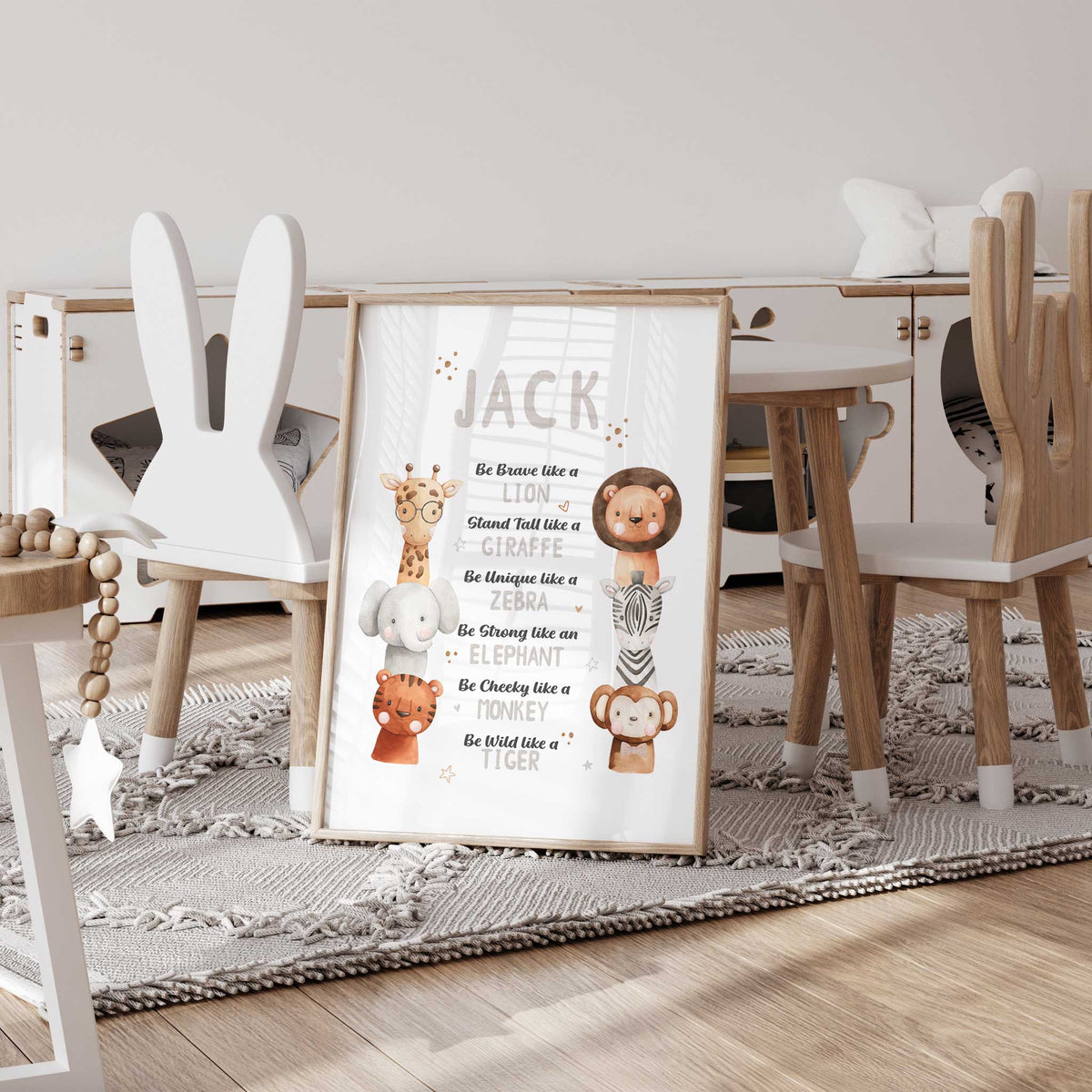 Safari animal affirmation print with a personalised name and six animal portraits