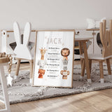 Safari animal affirmation print with a personalised name and six animal portraits