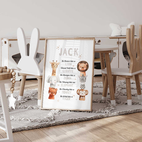 Safari animal affirmation print with a personalised name and six animal portraits