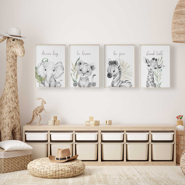 safari animal affirmation nursery prints neutral jungle wall art set