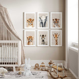 Safari animal nursery wall art set featuring baby lion, elephant, tiger, cheetah, zebra and giraffe in soft neutral tones