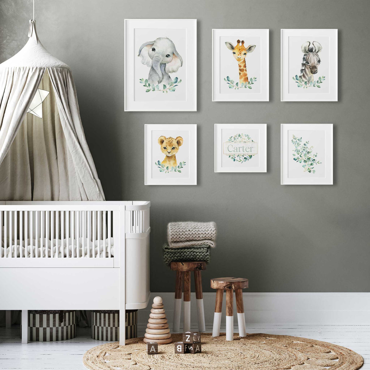 Safari animal gallery wall with personalised centre print, ideal for baby or toddler bedroom styling