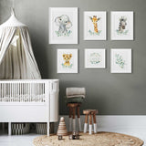Safari animal gallery wall with personalised centre print, ideal for baby or toddler bedroom styling