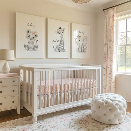 Safari animal nursery wall art set with lion, giraffe and elephant prints, floral details and inspirational quotes for baby girl room decor
