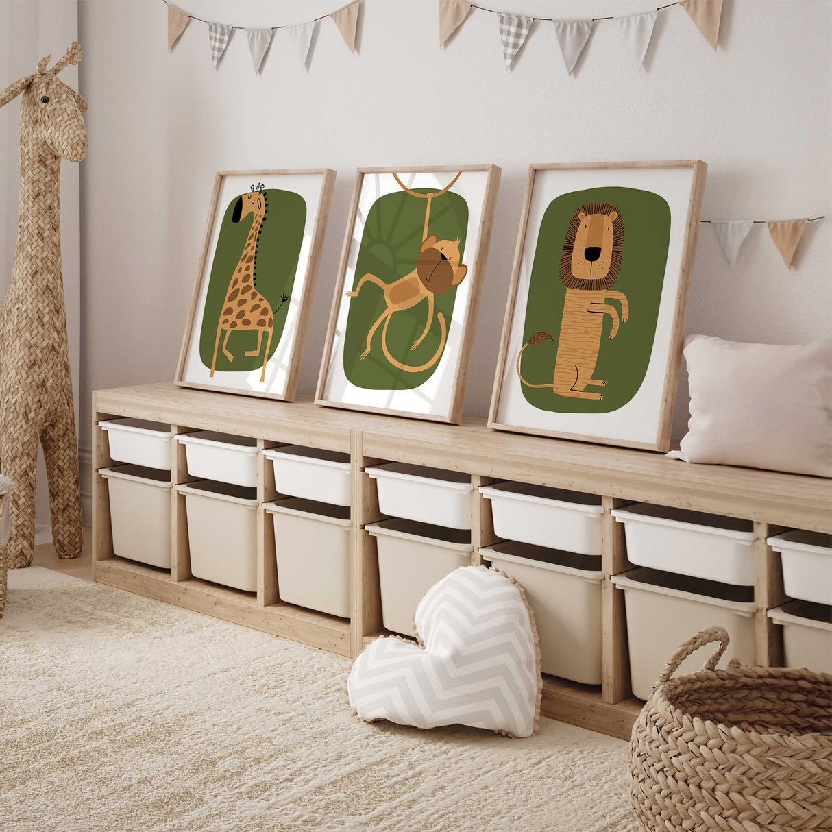 Safari animal kids wall art in earthy green and neutral tones