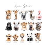 Safari animal nursery print selection showing cheetah, giraffe, elephant, zebra, flamingo, lion, panda, tiger and more baby animals.