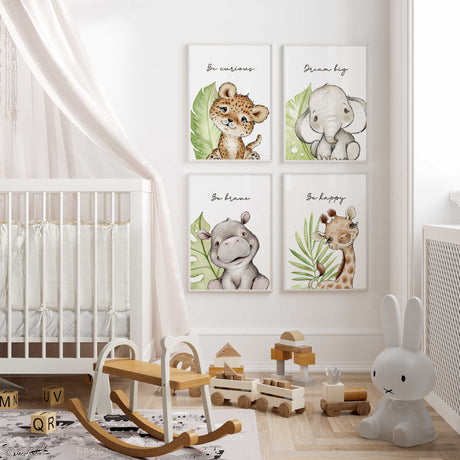 Set of 4 safari animal nursery prints featuring leopard, elephant, hippo, and giraffe with positive quotes, perfect for baby room or jungle theme décor.