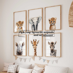 Safari animal nursery prints featuring cheetah, giraffe, and elephant - perfect for kids' bedrooms and baby room décor.